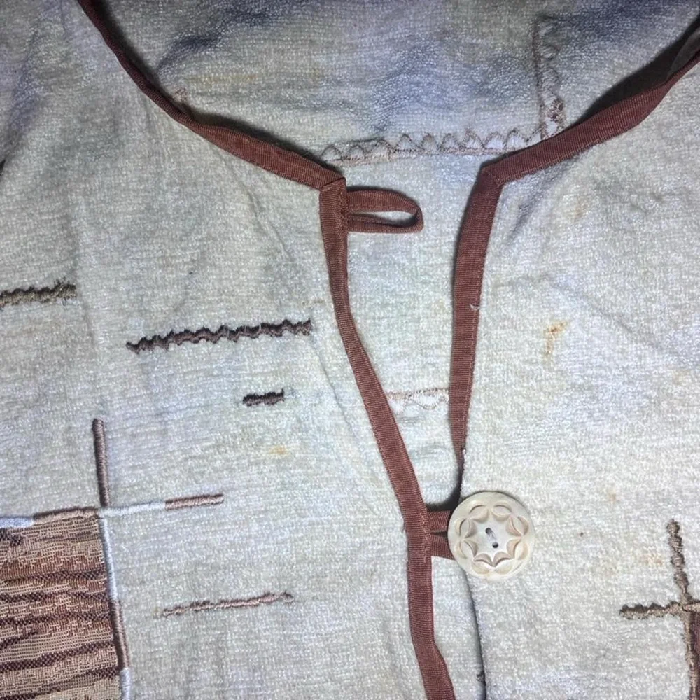 Women’s Cream Patchwork Button-Front Cardigan with Brown Trim